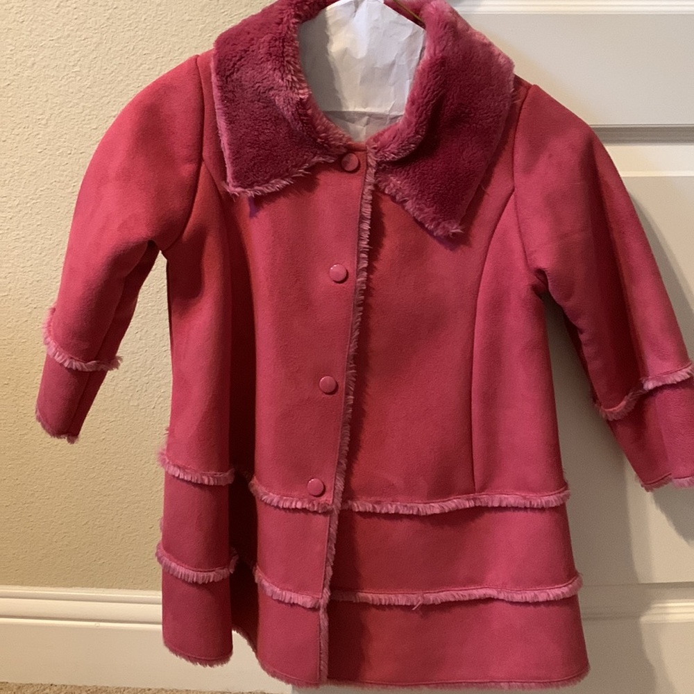 Girls size 4 coat. Pink suede with faux fur. Button up